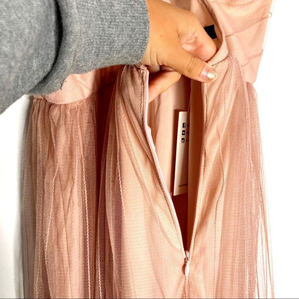 🆕SIMPLEE Surplice Split Thigh Mesh Midi Dress w/ Criss Cross Open Back in Blush - Picture 14 of 16